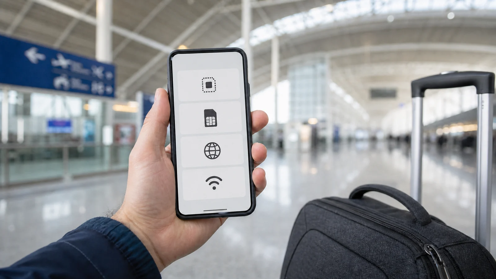 Смартфон с настройками eSIM и мобильного интернета в аэропорту Китая